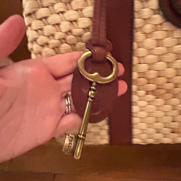 Fossil Natural Straw Brown Leather Trim Satchel Purse - Picture 5 of 15